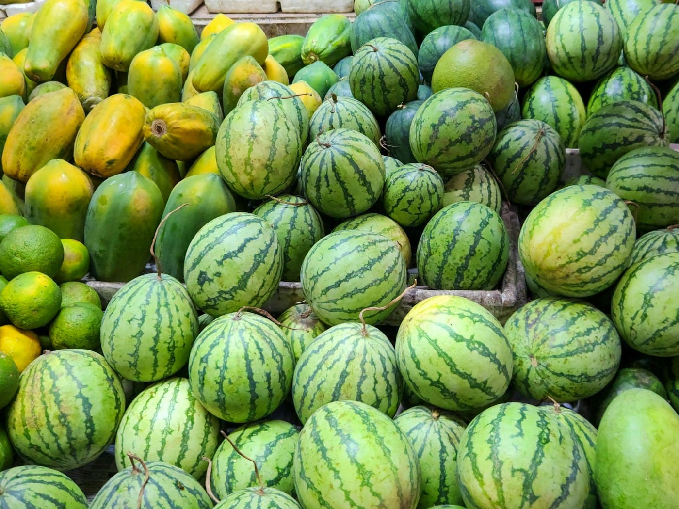 Étal de fruits tropicaux (pastèques, papayes) sur un marché local